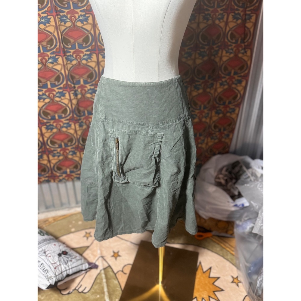 Corduroy Skirt Olive Green A-Line Utility Pockets Casual Everyday 16‎ flat waist
